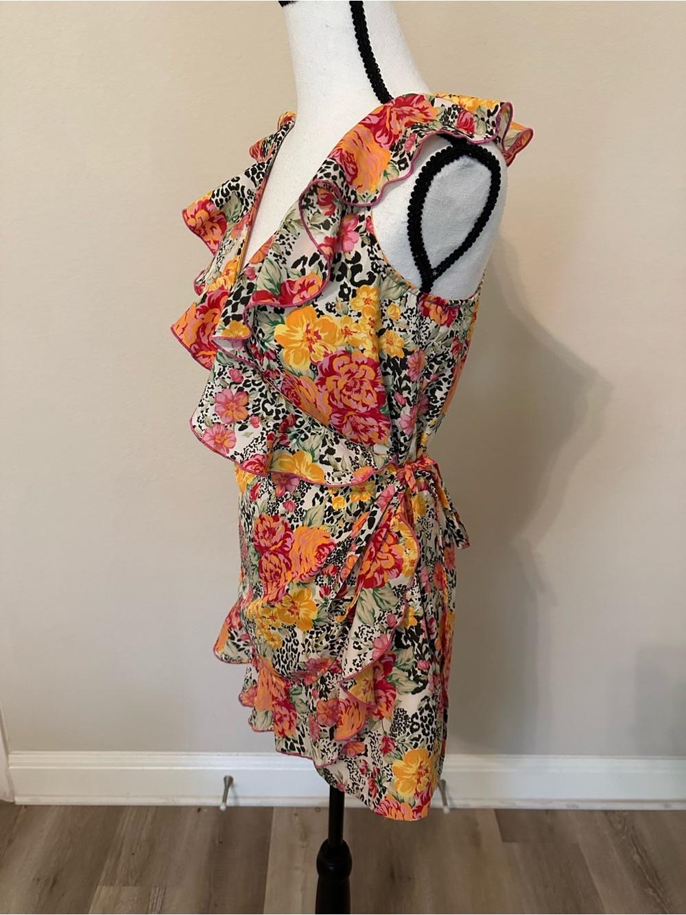 GUESS Floral Wrap Mini Dress in Yellow,  tiger spots, Pink & Cream - Picture 2 of 6